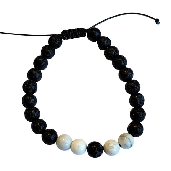 Lava Rock Howlite Bead Bracelet 7-9" Adjustable Unisex Black White, Gift Bag - Picture 1 of 12